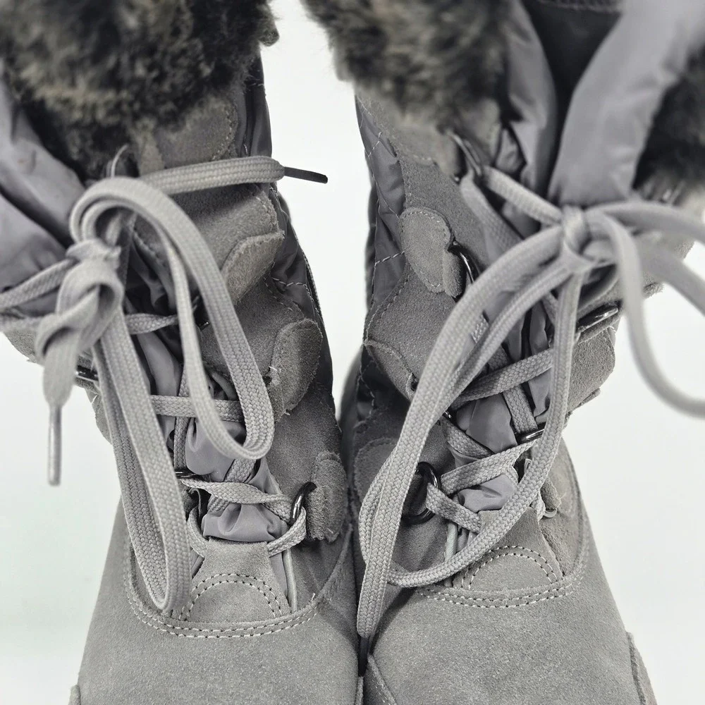 Lands' End Grey Suede Quilted Faux Fur Winter Snow Boots Comfort Shoes 6 VGUC